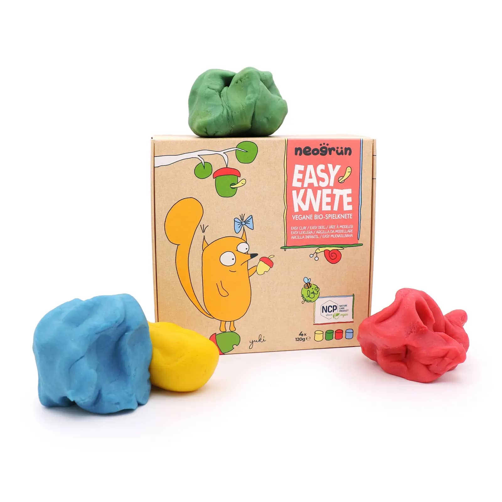 Neogrun Plastilina Organica Vegana Yuki, Set de 4 Culori( galben, rosu, albastru, verde)