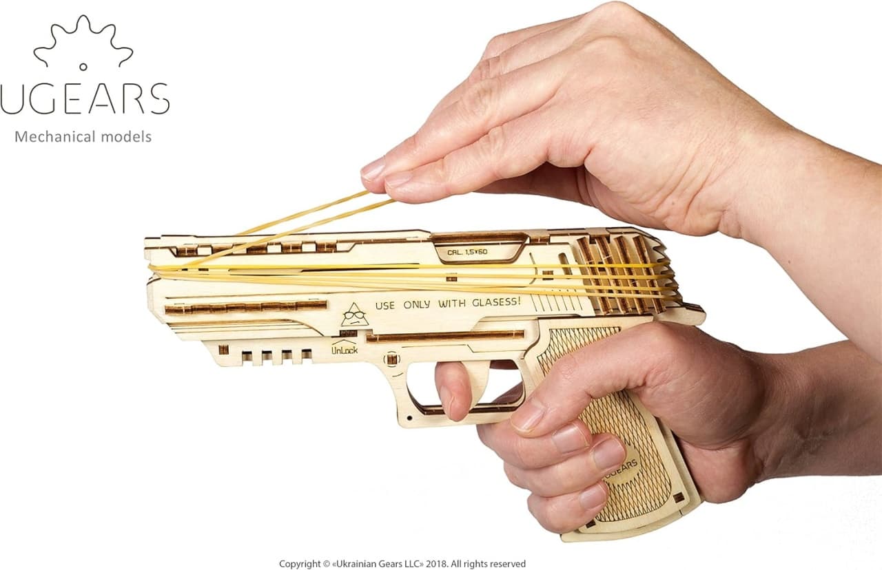 Pistol mecanic Wolf-01, Ugears, 62 piese din lemn - Imaginea 2