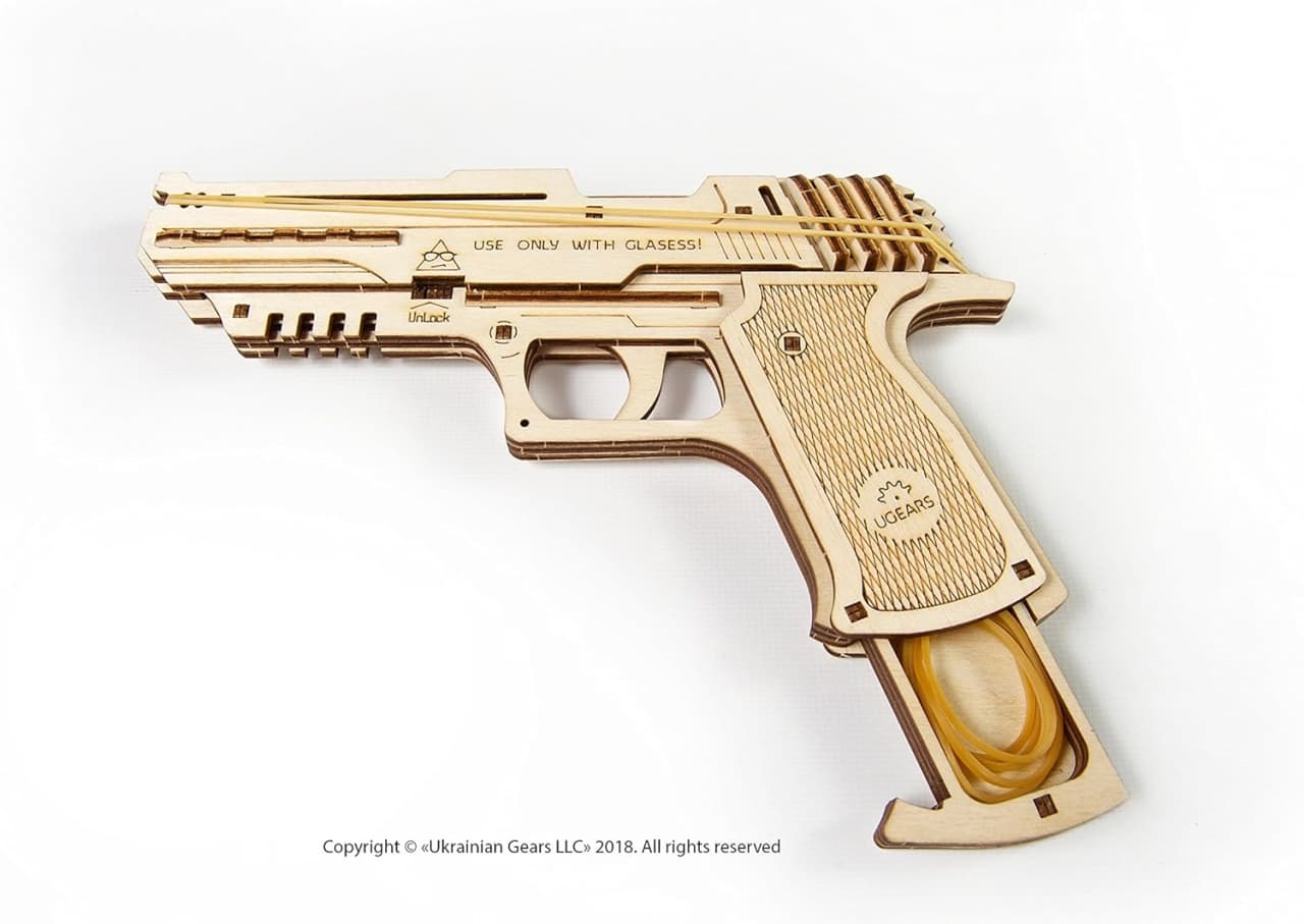 Pistol mecanic Wolf-01, Ugears, 62 piese din lemn - Imaginea 3