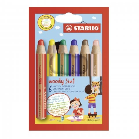 Creioane colorate 3 in 1 Stabilo, 6 bucati Woody