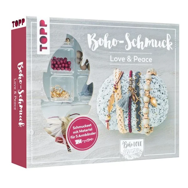 Set Creativ DIY Bijuterii Boho - Love & Peace (TOPP, frechverlag), confecționare 5 brățări (Roșu Închis / Gri)